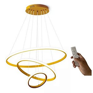 Lustre Sala Led 3 Anéis Moderno 89w 60cm Dourado C/ Controle