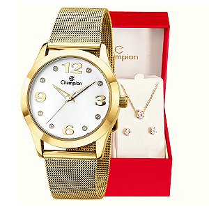 Relógio Feminino Champion Analógico Dourado CN29098W + Kit de Brincos e Colar