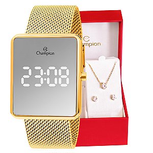Relógio Feminino Champion Digital Espelhado Dourado CH40080B - Colar e Brincos
