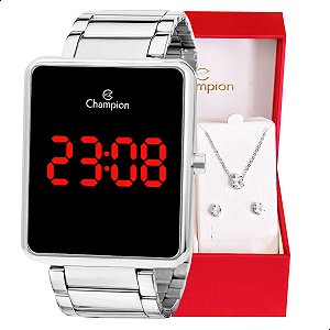 Relógio Feminino Champion Digital Prata Colar e Brincos CH40086T