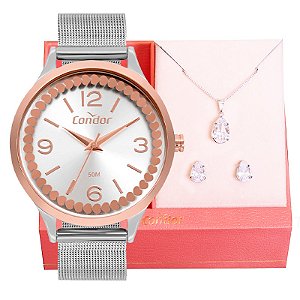 Relógio Feminino Condor Mimos E Sutilezas Feminino Prata COPC21AEBY/K4K Colar e Brincos