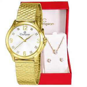 Relógio Feminino Champion Analógico Dourado Pequeno CF24117H + Colar e Brincos