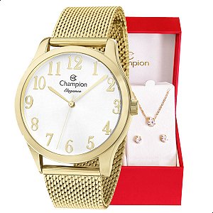 Relógio Feminino Champion Analógico Dourado Pulseira Mesh CN26019B Colar e Brincos
