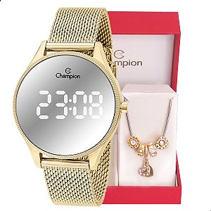 Relógio Feminino Champion Dourado Espelhado Digital CH40137B + Pulseira Berloques