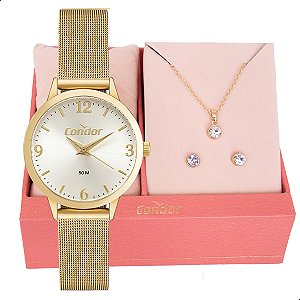Relógio de Pulso Feminino Pequeno Condor Dourado CO2035NCV/K4K Colar e Brincos