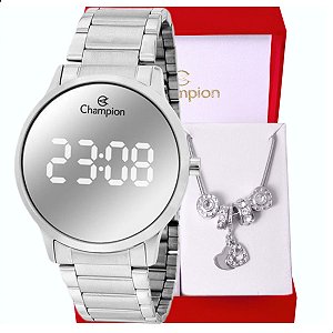 Relógio Feminino Champion Digital Espelhado Prata CH40147S + Pulseira Berloques