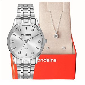Relógio Feminino Mondaine Prata Pequeno 32610L0MKNE2K1 Colar e Brincos