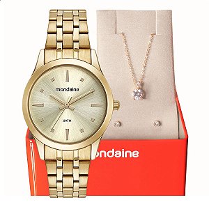 Relógio Feminino Mondaine Dourado Pequeno 32611LPMKDE1K1 + Colar e Brincos