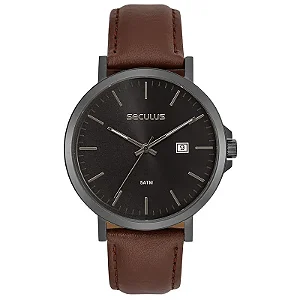 Relógio Masculino Seculus Couro Aço Mostrador Preto Minimalista 44328GPSVPC3