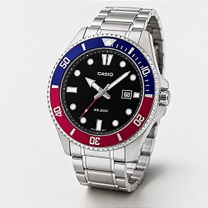 Relógio Masculino Casio Aço Prata Azul e Vermelho Prova D'Água MDV-107D-1A3AVDF