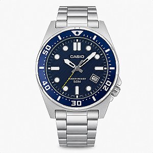 Relógio Masculino Casio Aço Prata Azul Prova D'Água MTD-135D-2AVDF