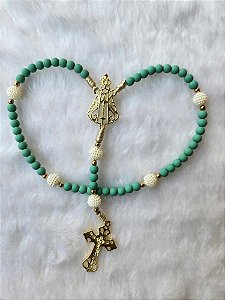Terço católico em fio de seda luxo artesanal verde turquesa