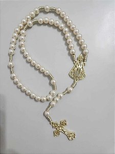 Terço católico em fio de seda luxo noiva artesanal Dourado Perolas