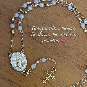 Lindo Terço de pérolas Nossa Senhora Nazaré banhado a ouro amarelo