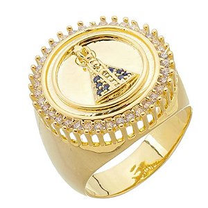 Anel Feminino Nossa Senhora Aparecida Banho Ouro Amarelo medida 14