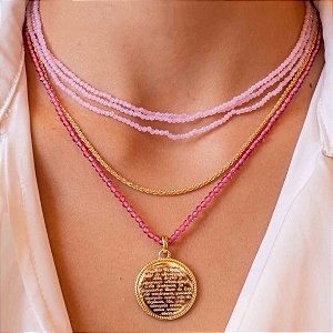 Colar Cristais com Medalha Oração Salve Rainha banho de ouro amarelo