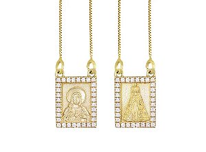 Escapulário Sagrado Coração Jesus e Nossa Senhora Aparecida banho de ouro amarelo