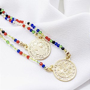 Colar Escapulário Cristais Coloridos Medalha de São Bento
