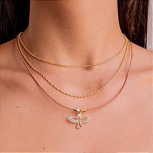 Colar Chocker Courino Com Espirito Santo Vazado banho de ouro amarelo