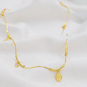 Colar Longo Mini Canutilhos com Medalhinhas Religiosas banho de ouro amarelo