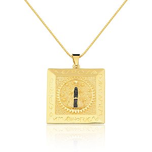 Pingente quadrado Nicho Nossa Senhora Aparecida banho de ouro amarelo