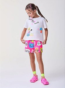Conjunto Infantil Feminino Bimbi Blusa Branca e Short Rosa Gatinhos