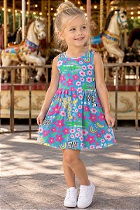 Vestido Infantil Feminino Bimbi Estampa Colorida e Animais