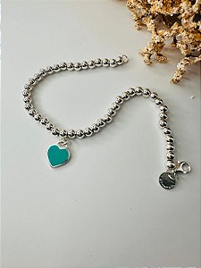 Pulseira inspiração Tiffany bolinha 4mm coração verde
