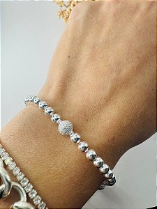 Pulseira inspiração Pandora bolinha com bola cravejada fecho redondo