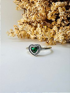 Anel inspiração Pandora coração cravejado verde