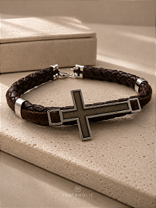 Pulseira masculina courino Cruz na prata 925