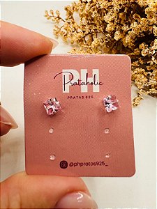 Brinco ponto de luz quadrado pedra rosa