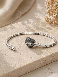 Pulseira berloque inspiração Pandora coração cravejado com banho de ródio