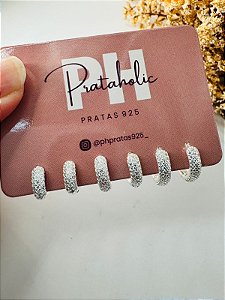 Brinco trio argola de click cravejada