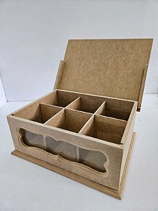 Caixa de chá 6 lugares com vidro- 22x9x17cm