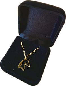 Corrente com Pingente de Cabeça de Cavalo, em aço inox, e folhada a ouro 18k