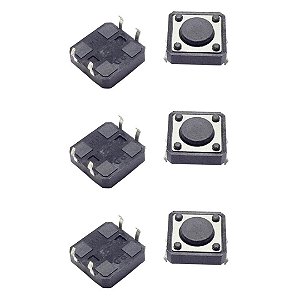 Tact Switch KFC-A06 - 4 Pinos, 12x12x4.3mm, Preto, Ângulo 180°