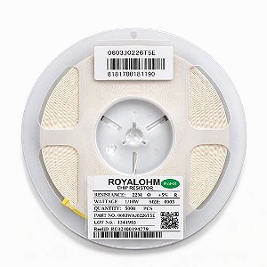 Resistor SMD 0603 22 Megaohm 1/10W 5% 0603WAJ0226T5E – Bobina 5000 Un