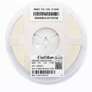 Resistor SMD 0603 11K Ohms 1/10W 5% – Embalagem 5.000 Unidades (0603WAJ0113T5E)