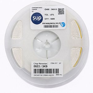 Resistor SMD 0603 3K9 Ohms 1/10W 5% – Embalagem 5.000 Unidades (RR1608(0603)L392JT)