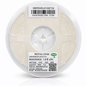 Resistor SMD 0805 1K8 Ohms 1/8W 5% – Embalagem 5.000 Unidades (0805W8J0182T5E)