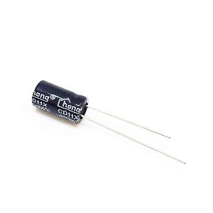 Capacitor 100uF 25V Eletrolítico 105° Radial 6x11mm Chong