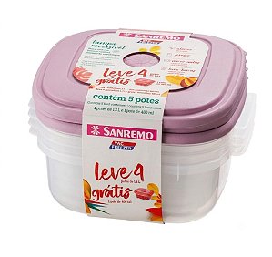 Kit Sanremo 4 Potes Quadrados 1,3L Plástico com 1 Pote 480ml Grátis