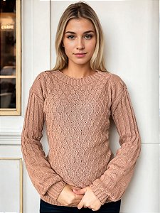 Blusa de Tricô Suéter Manga Fang Gola Alta Feminina Listrada Malha Grossa