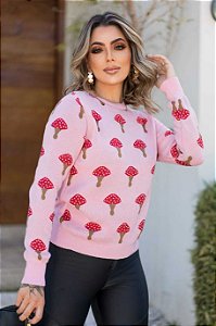 Blusa de Tricô Manga Longa com Estampa Cogumelo