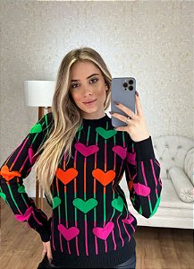 Blusa de Tricô Feminina Manga Longa Listrada com Corações
