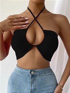 Cropped Tricot Modal Alça Fina Decote Redondo Amarração Verão