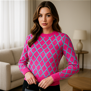 Blusa Tricot Manga Longa Geométrica - Estampa Colorida em Tricô Premium