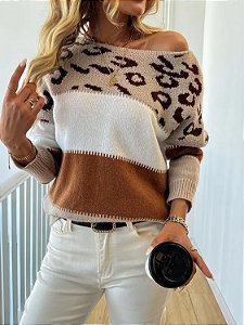 Blusa Tricot Manga Longa Onça Animal Print - Veste 36 ao 42