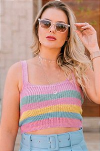 Cropped Tricot Canelado Decote Quadrado Listrado Colorido